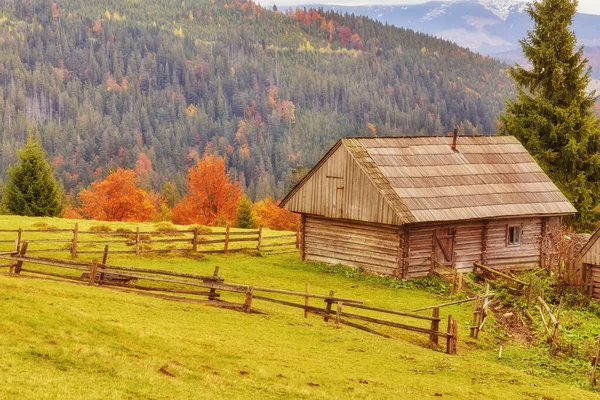 Colorful Autumn Landscape Mountain Village Foggy Morning Carpathian Mountains Ukraine — Stock Photo, Image