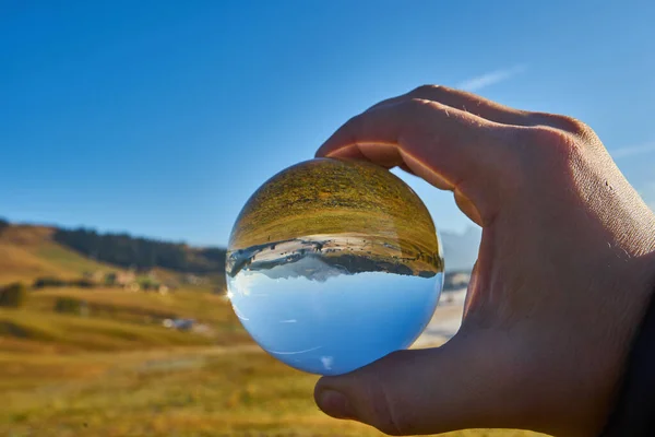 Photo Glass Ball Sunrise Alpe Siusi Dolomites Autumn — Foto Stock