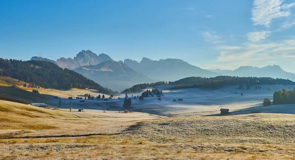 Piękne Poranne Światło Nad Szczytami Langkofel Alpe Siusi Włochy Europa — Zdjęcie stockowe