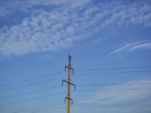 Power Line Pole Close Blue Sky Background — Stok fotoğraf