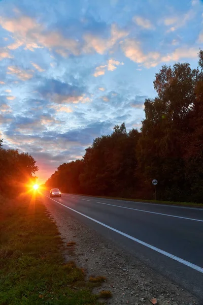 Countryside Asphalt Road Motion Trees Night Sky Bright Sunset — Stock Photo, Image