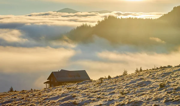 Herbstlandschaft Mit Dem Ersten Unerwarteten Schnee Und Herbstlaub Alte Holzhütten — Stockfoto