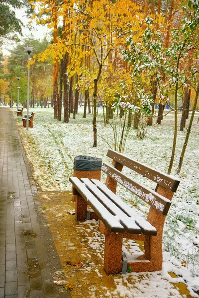 가을에는 공원에 첫눈이 내린다 황금빛 오렌지색 잎들이 눈으로 골목길에 벤치가 — 스톡 사진