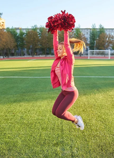 Líderes Claque Ação Estádio Treino Matinal — Fotografia de Stock