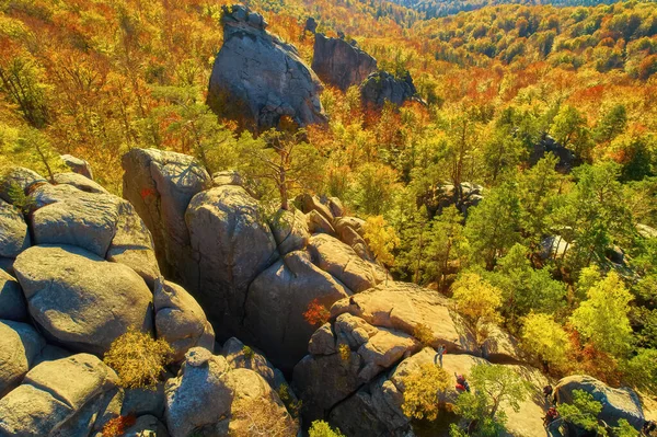 Veduta Aerea Drone Bella Foresta Faggio Autunno Antiche Rocce Dovbush — Foto Stock