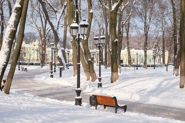 冬の雪の公園のベンチ — ストック写真