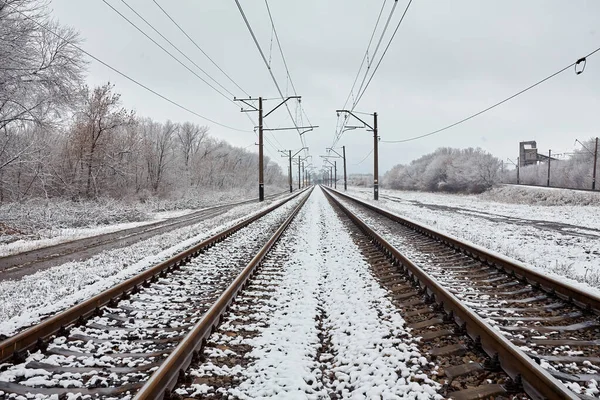 Train Tracks Winter Frost Covering Everywhere Power Lines — Stock Photo, Image