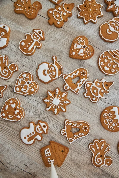 Icing Gingerbreads Wooden Background Top View — Stock Photo, Image