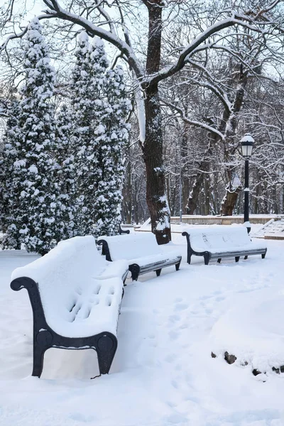 a snow covered bench in a park