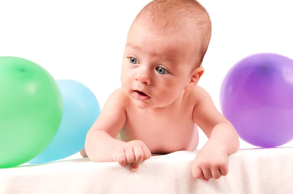 Lindo retrato de bebé aislado sobre fondo blanco lleno de colorf —  Fotos de Stock