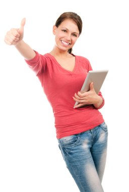 tablet pc ile mutlu genç öğrenci kız