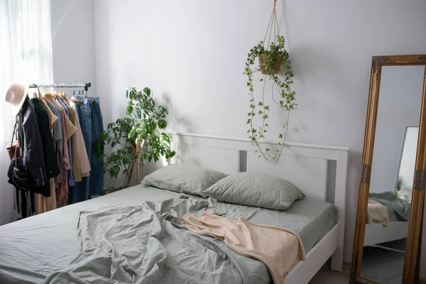 パステルグリーンの寝具 衣類ラック ミラーと家庭用植物と居心地の良いベッドルーム — ストック写真