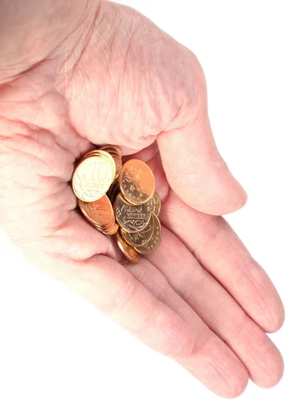 Hand with copper coins on white — Stock Photo, Image