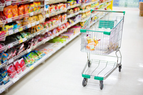 shopping trolley in aisle of supermarket