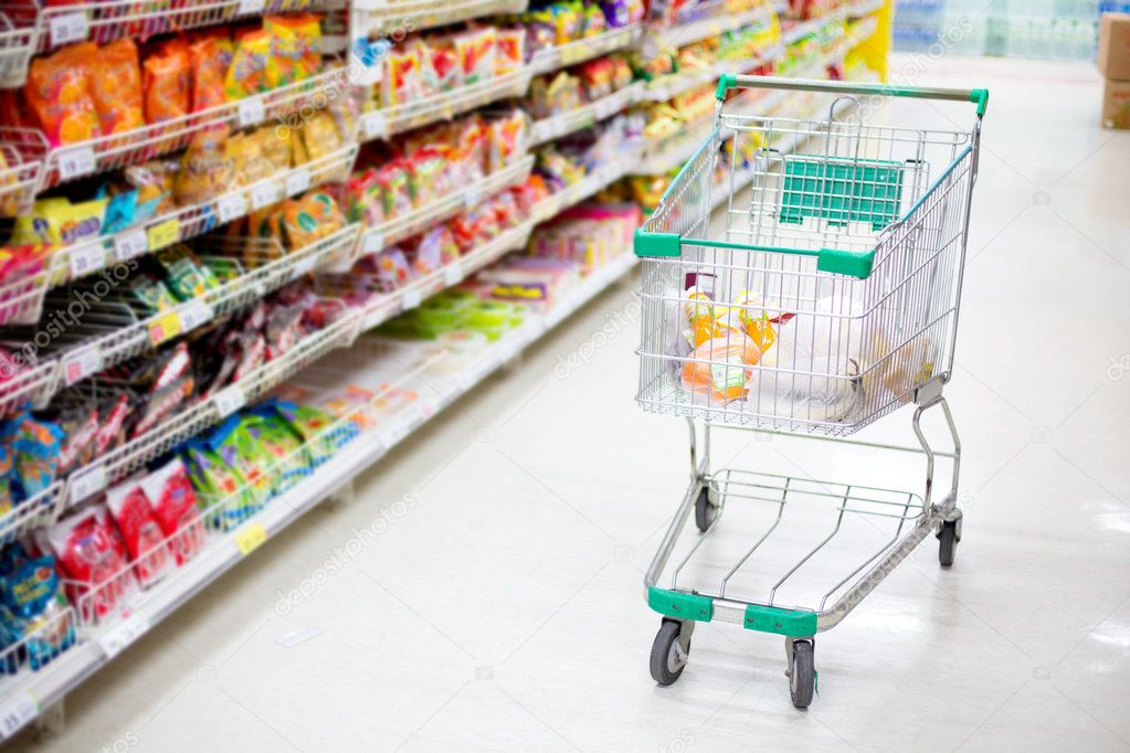 shopping trolley in aisle of supermarket