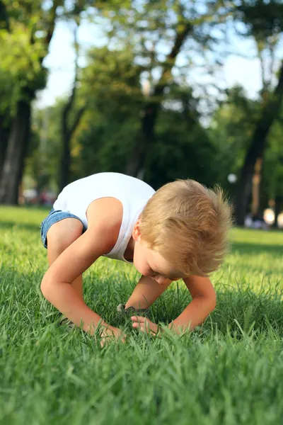 Chłopczyk patrząc pod kątem coś w trawie — Zdjęcie stockowe