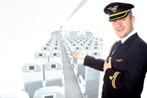 Captain of the aircraft greets passengers — Stock Photo, Image