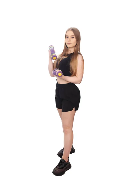 Young Girl Fit Outfit Dumbbells Φωτογραφία Αρχείου