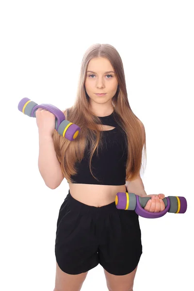 Young Girl Fit Outfit Dumbbells — стоковое фото
