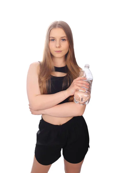 Young Girl Fit Outfit Mineral Water Royalty Free Φωτογραφίες Αρχείου