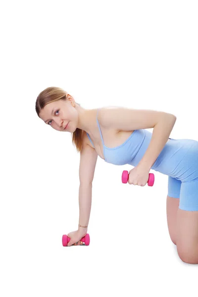 Young Girl Exercises Fitness White Background — Stock Photo, Image