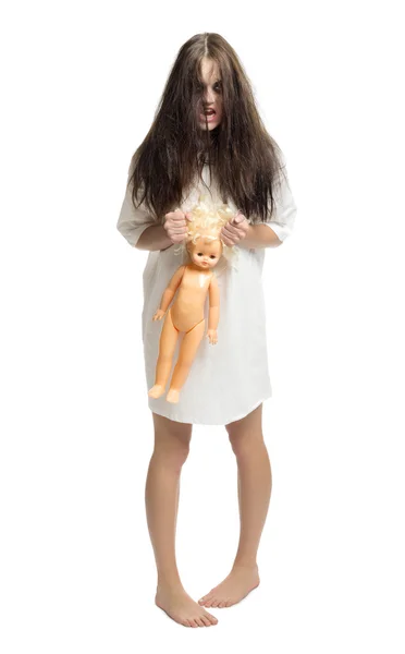 Zombie girl with plastic doll — Stock Photo, Image