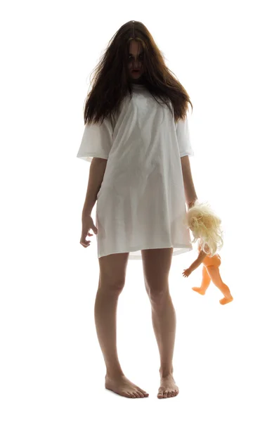Zombie meisje met plastic pop — Stockfoto