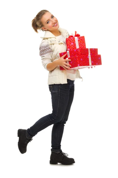 Giovane ragazza con scatole regalo — Foto Stock