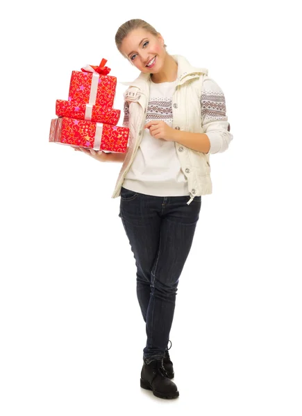 Chica joven con cajas de regalo —  Fotos de Stock