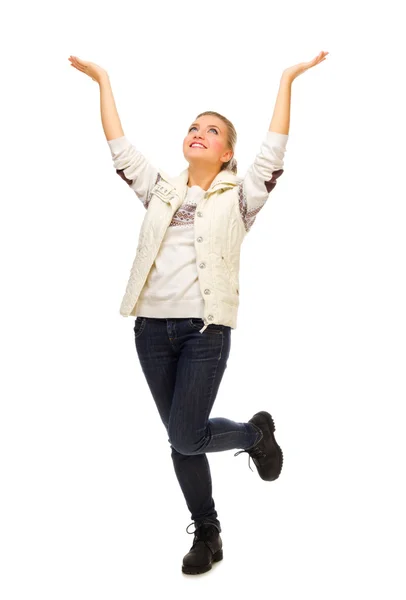 Young smiling girl lifted hands up — Stock Photo, Image