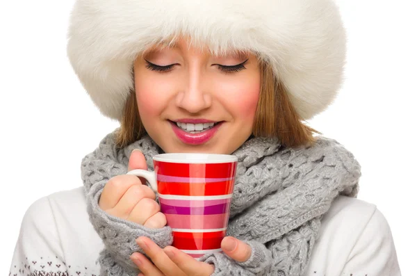 Young girl with sweater and mug isolated — Stock Photo, Image