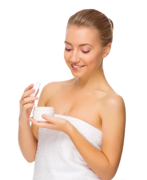 Young healthy woman with body cream — Stock Photo, Image