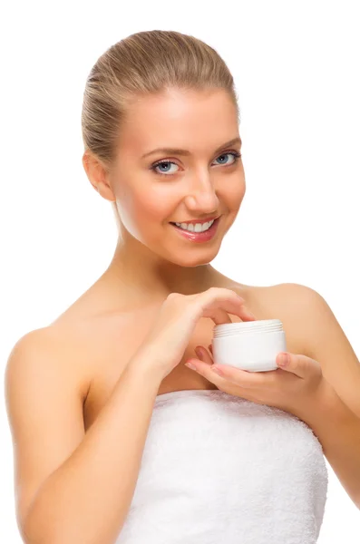 Young healthy woman with body cream — Stock Photo, Image