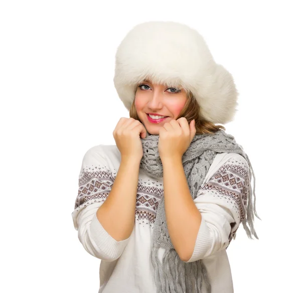 Young smiling girl with fur hat — Stock Photo, Image