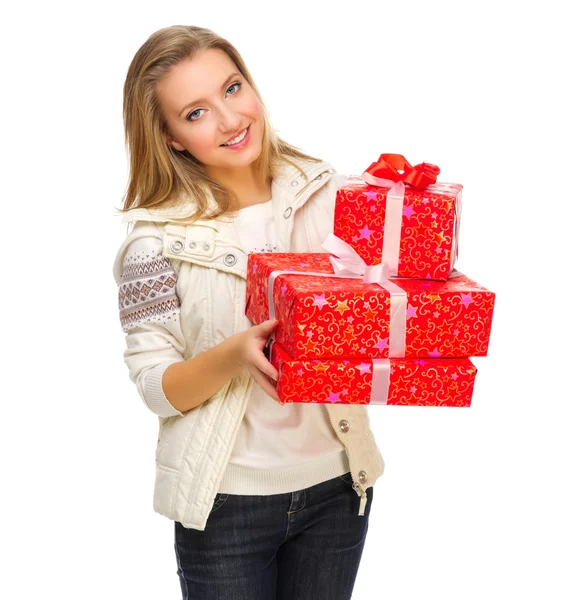 Mujer joven con cajas de regalo —  Fotos de Stock