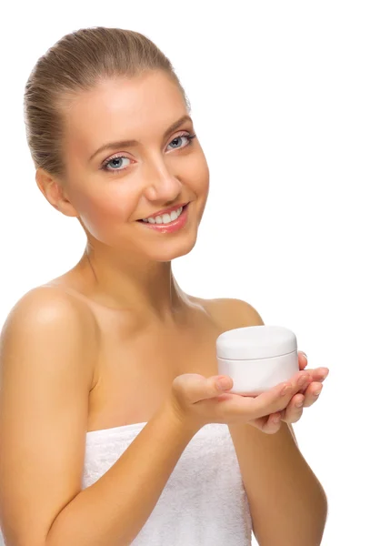 Young healthy girl with body cream jar — Stock Photo, Image