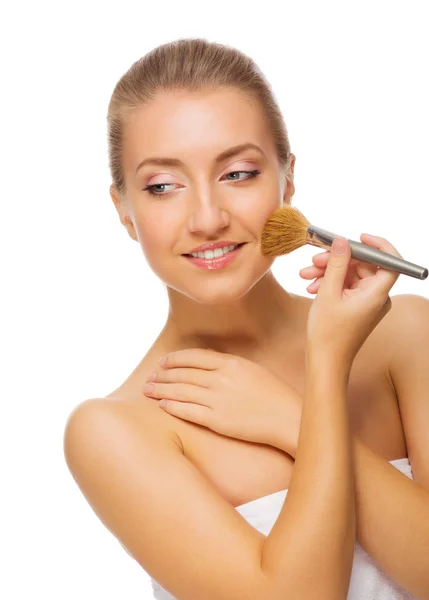 Young healthy girl with makeup brush — Stock Photo, Image