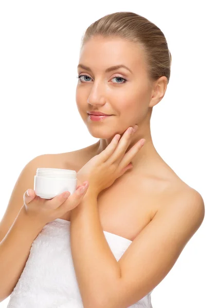 Young healthy girl with body cream — Stock Photo, Image