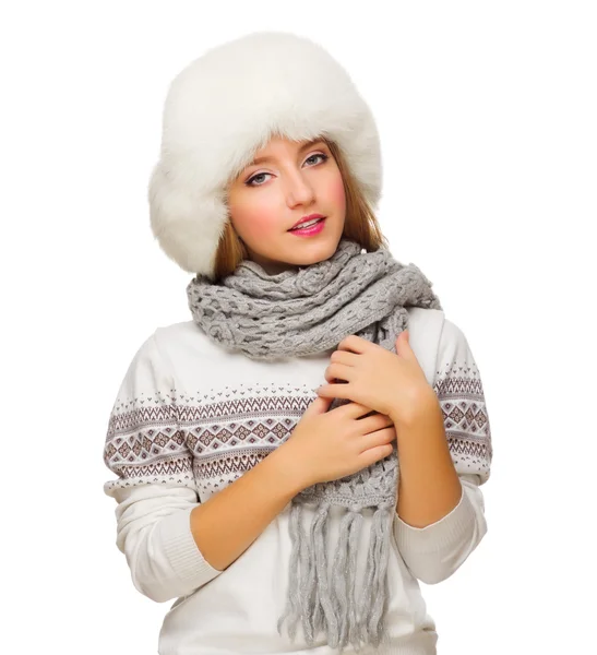 Young girl in fur hat — Stock Photo, Image