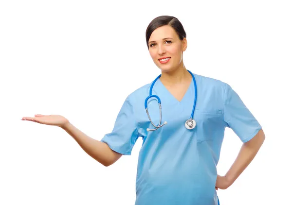 Young successful doctor shows welcome gesture — Stock Photo, Image