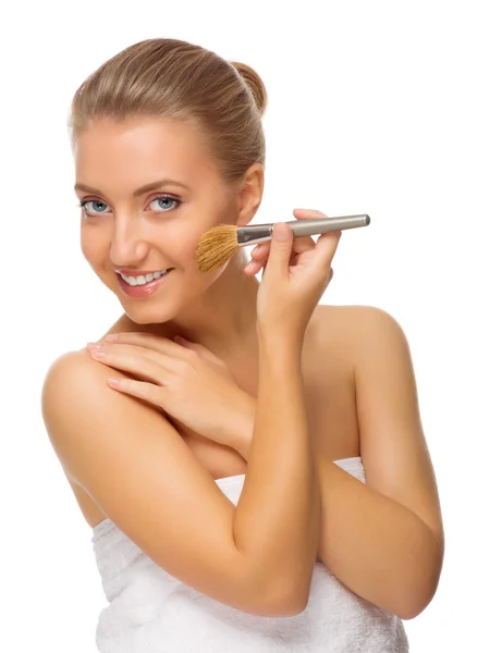 Young healthy girl with makeup brush — Stock Photo, Image