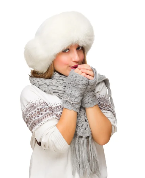 Young smiling girl in white sweater — Stock Photo, Image