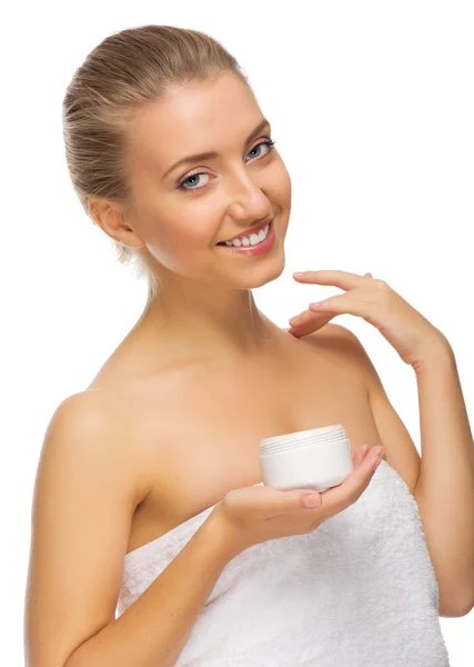 Young healthy girl with body cream — Stock Photo, Image