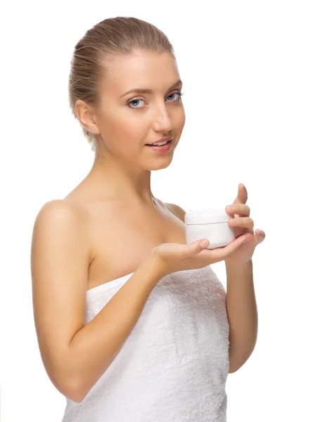 Young healthy girl with body cream — Stock Photo, Image