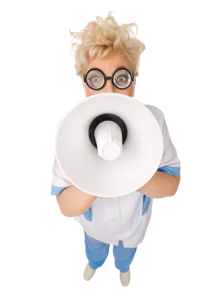 Funny doctor with megaphone — Stock Photo, Image