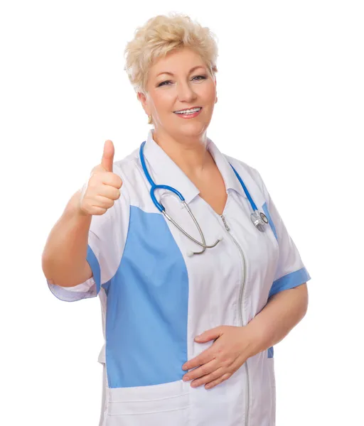 Mature doctor shows ok gesture — Stock Photo, Image