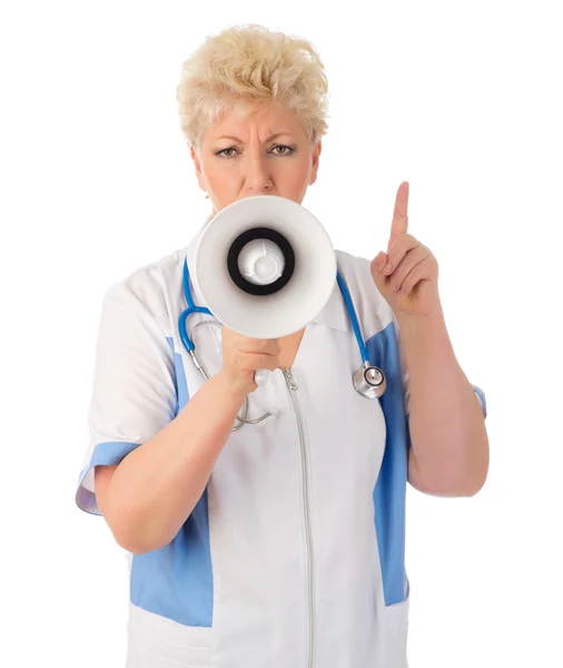 Reifer Arzt mit Bullhorn — Stockfoto