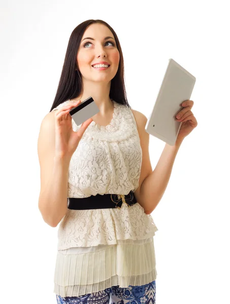 Jeune fille avec carte de crédit et tablette PC — Photo