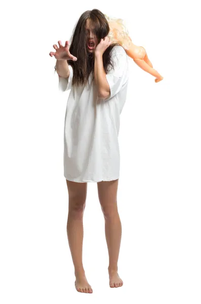 Zombie girl with plastic doll — Stock Photo, Image