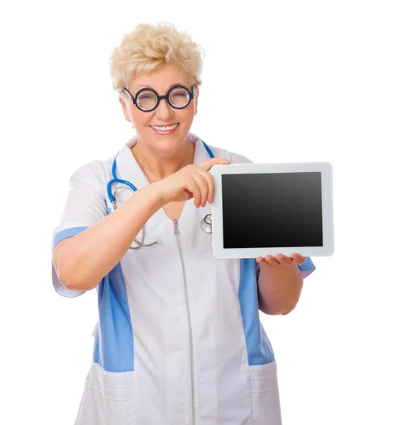 Mature funny doctor with tablet PC — Stock Photo, Image